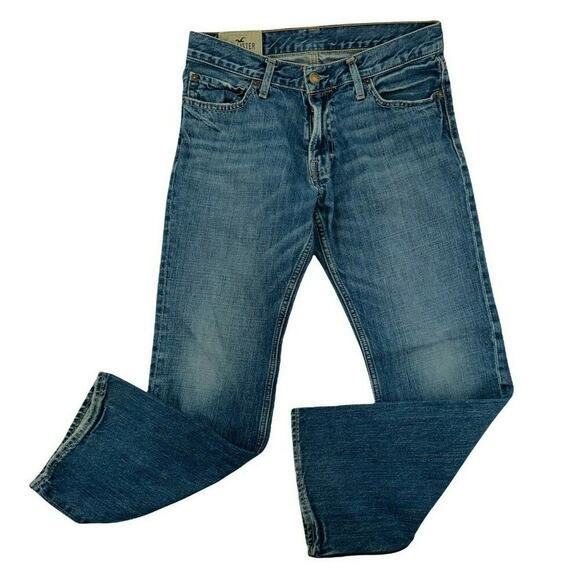 Hollister Jeans Men Sz 32x30 Straight Leg Med Wash Whiskers Buttons Pocket Denim - Picture 1 of 12